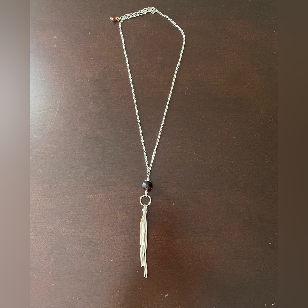 Silver Tassel Necklace with amber bead